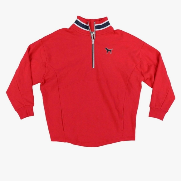 PINK VS Quarter Zip Oversized Jersey Sweatshirt Red, Blue & White NWOT - Picture 1 of 6